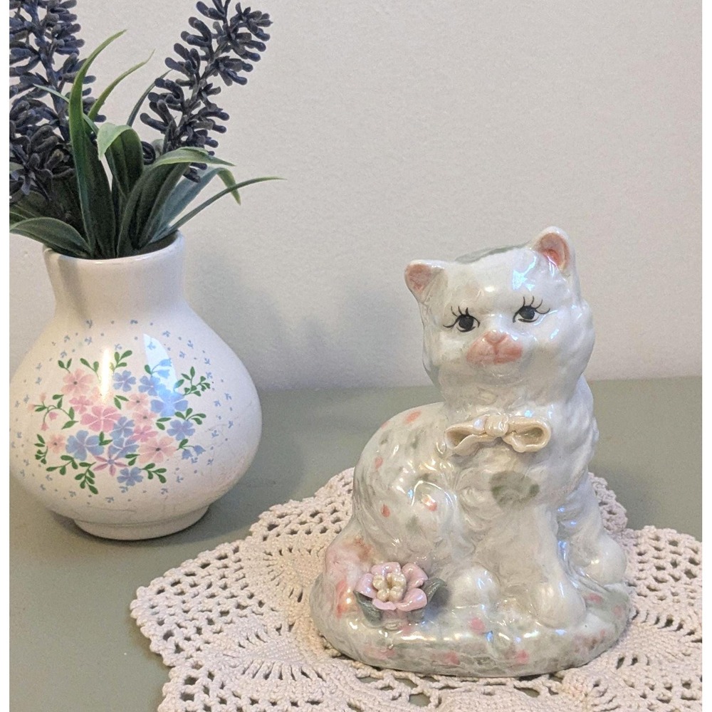 Vintage White Ceramic Cat Figurine with Bow & Pink Flower